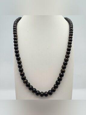 Black Beaded Necklace Gold Vein Detail Round Stone Beads 28–29”
